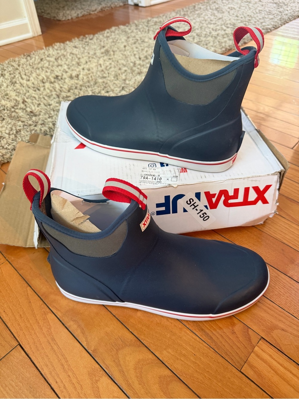 XTRATUF Men's Navy and Red Ankle Deck Boots size 13 new box is damaged